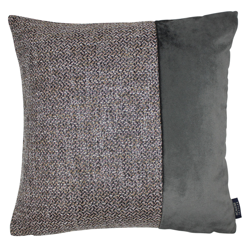 McAlister Textiles Lewis Velvet Border Tweed Cushion Grey Heather and Charcoal Cushions and Covers Cover Only 43cm x 43cm 