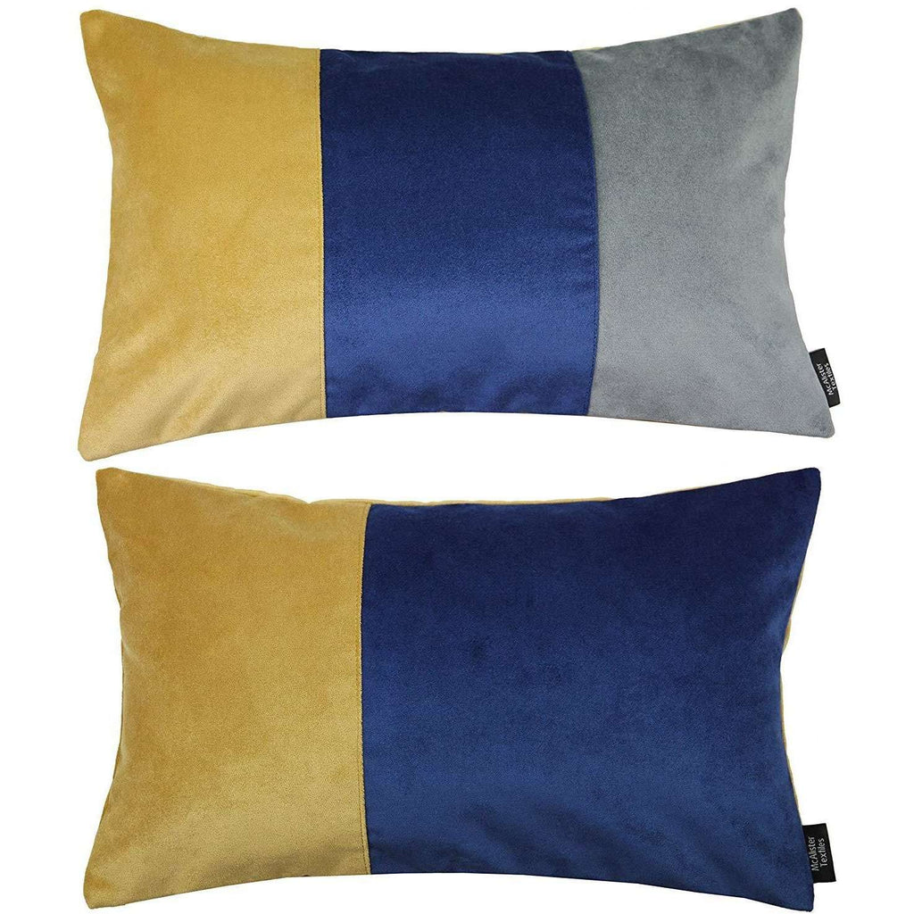McAlister Textiles Patchwork Velvet Navy, Yellow + Grey Pillow Set Pillow Set of 2 Cushion Covers 