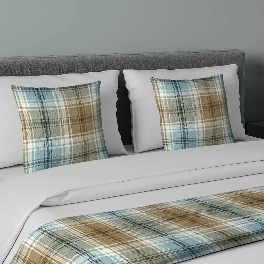 McAlister Textiles Angus Duck Egg Blue Tartan Bedding Set Bedding Set Runner (50x165cm) + 1x Cushion Cover 