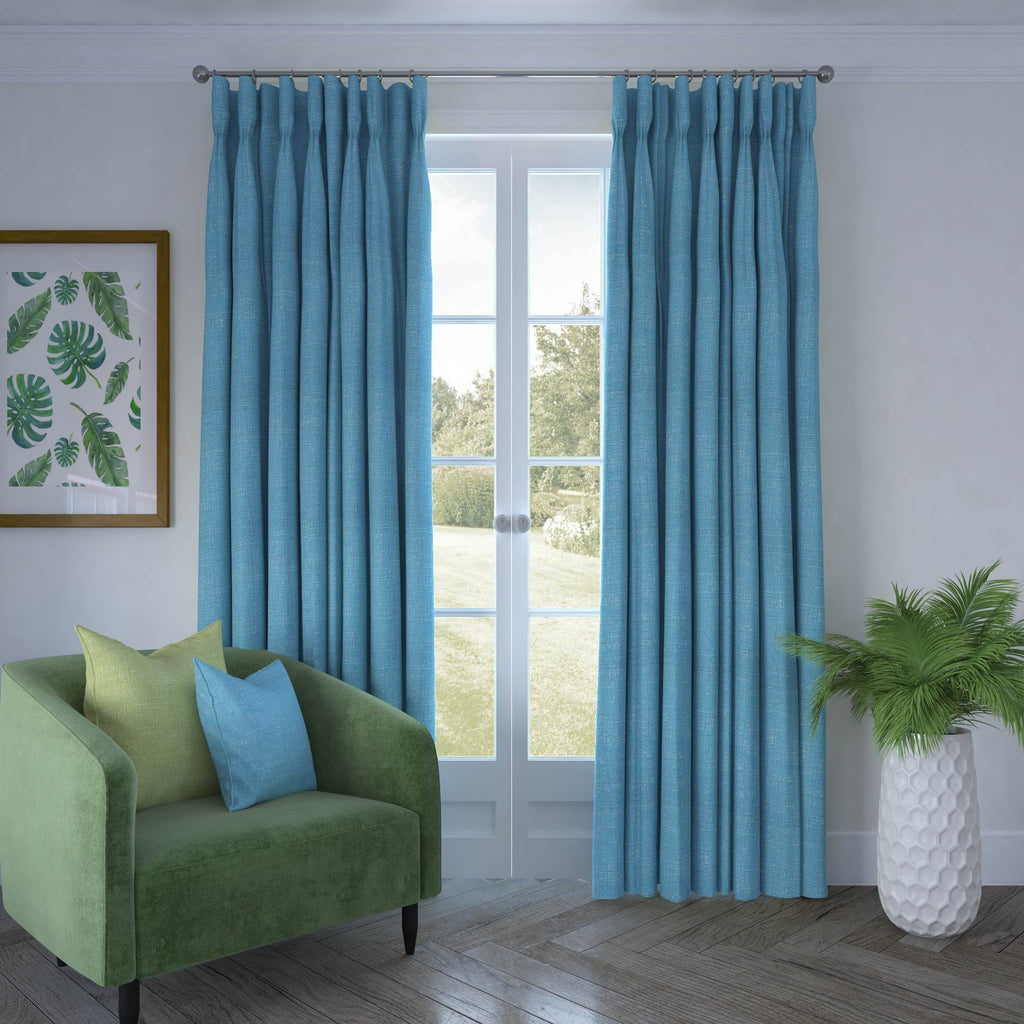 McAlister Textiles Harmony Linen Blend Teal Textured Curtains Tailored Curtains 