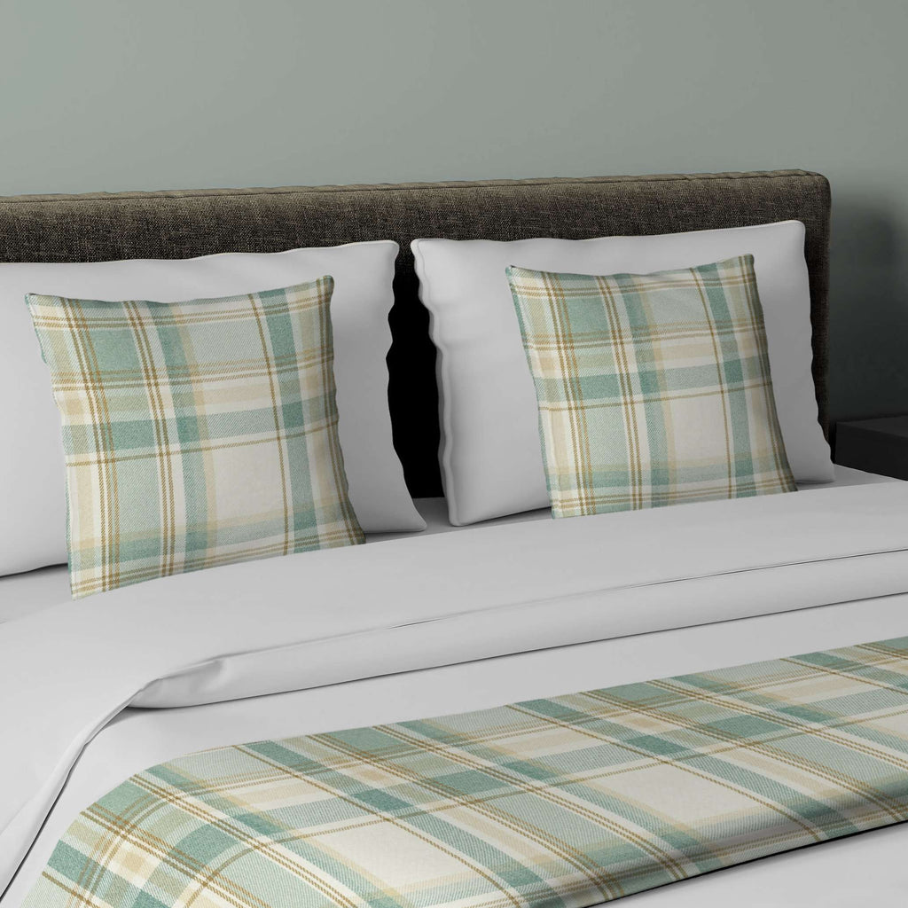 McAlister Textiles Heritage Duck Egg Blue Tartan Bedding Set Bedding Set Runner (50x165cm) + 1x Cushion Cover 