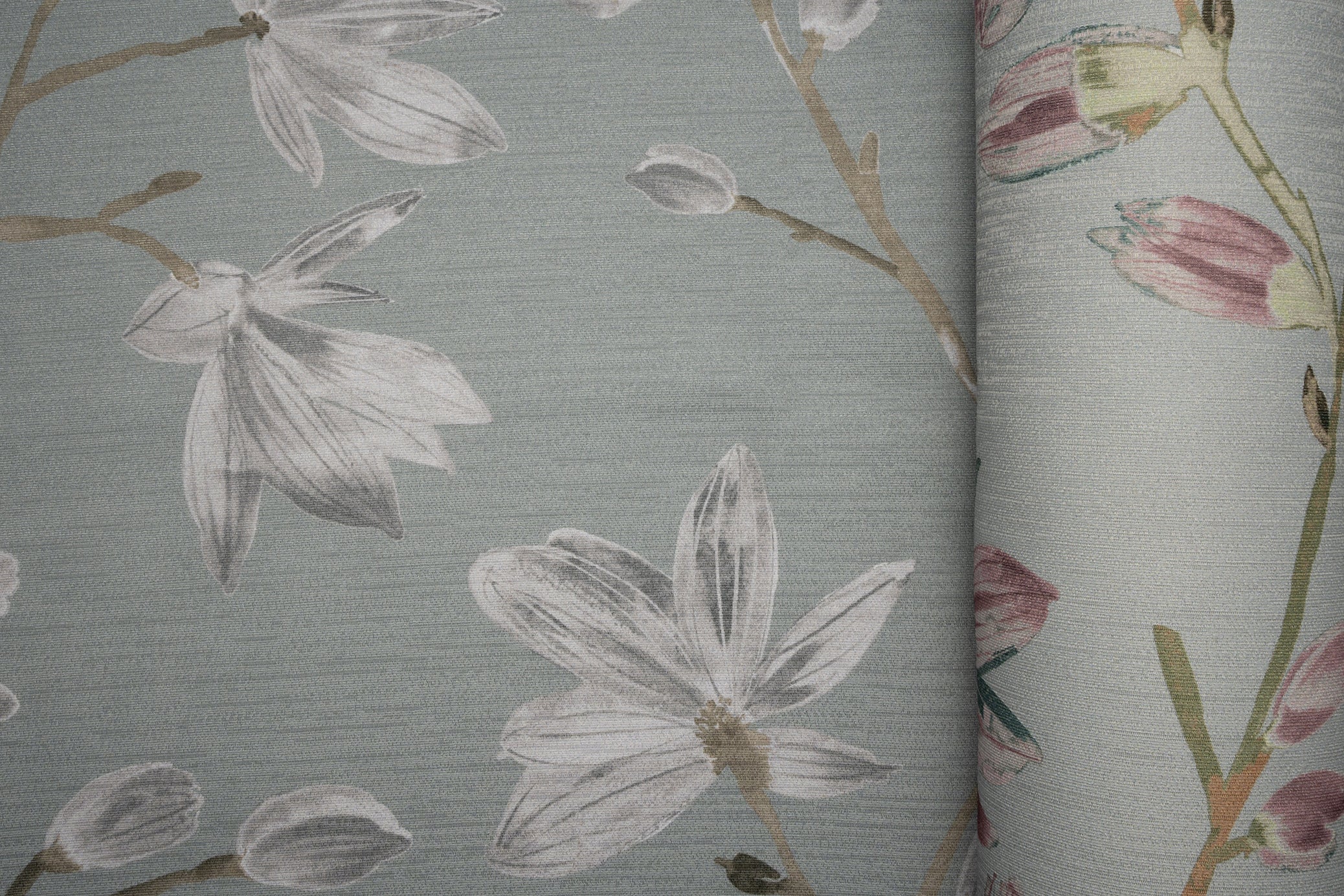 McAlister Textiles Magnolia Duck Egg Floral FR Fabric Fabrics 