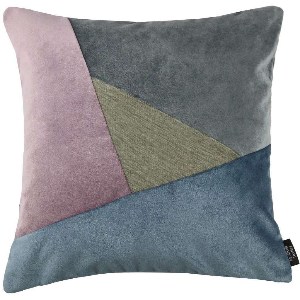McAlister Textiles Triangle Patchwork Velvet Blue, Purple + Grey Cushion Cushions and Covers Cover Only 43cm x 43cm 