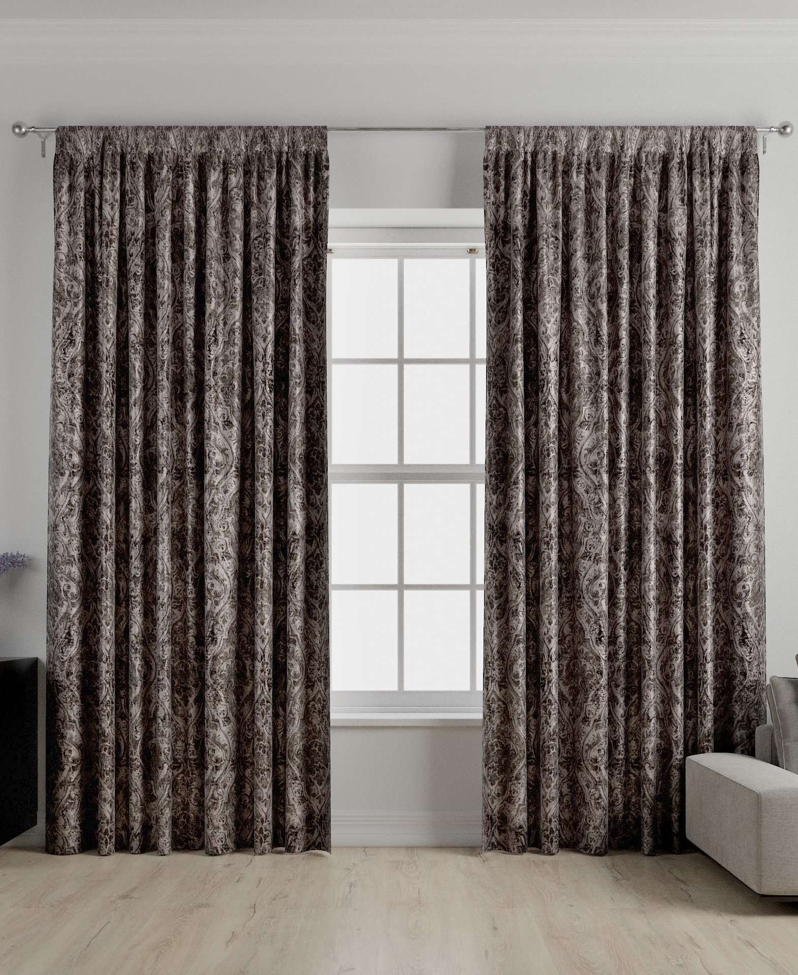 McAlister Textiles Renaissance Charcoal Grey Printed Velvet Curtains Tailored Curtains 