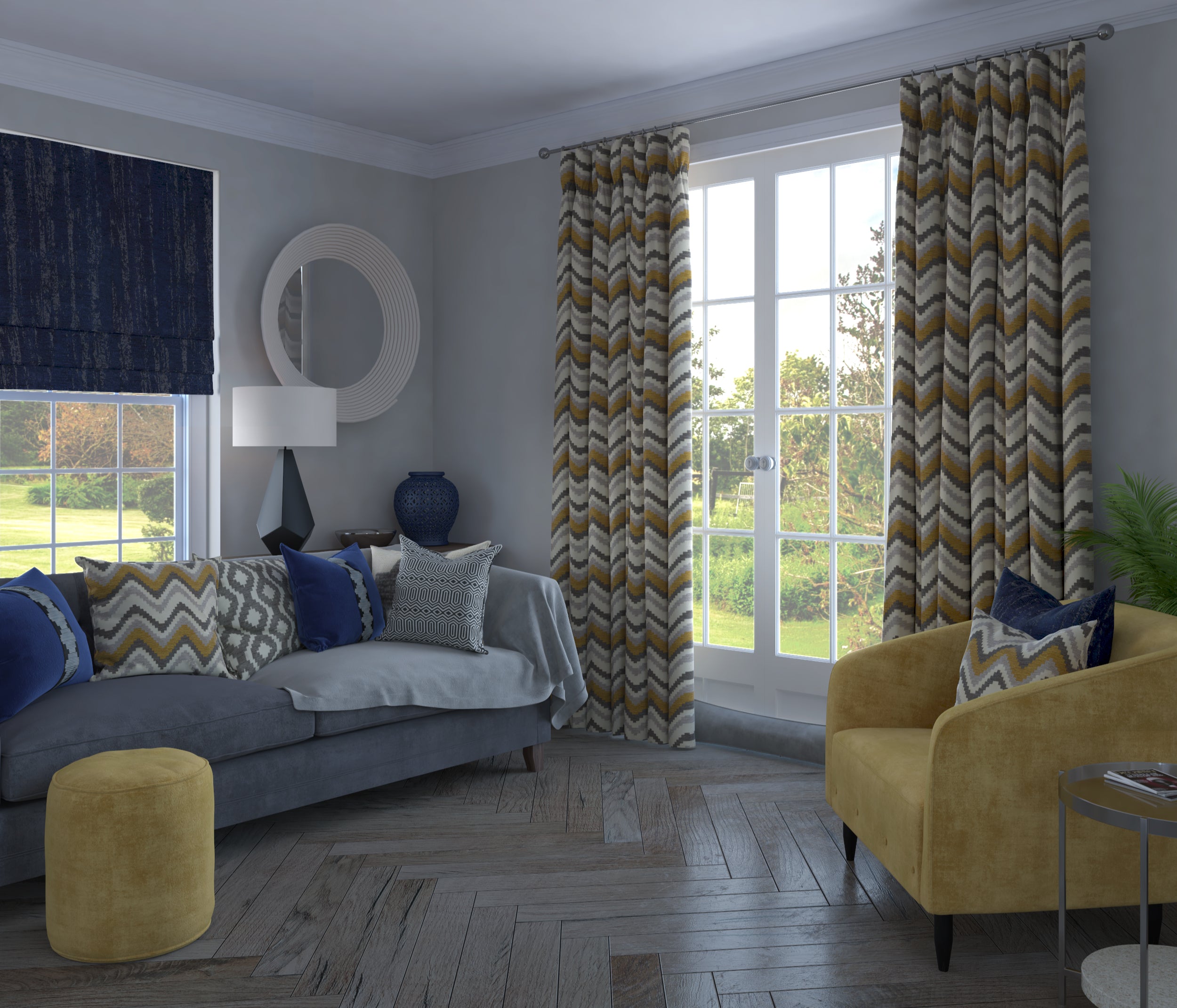 McAlister Textiles Navajo Yellow + Grey Striped Curtains Tailored Curtains 