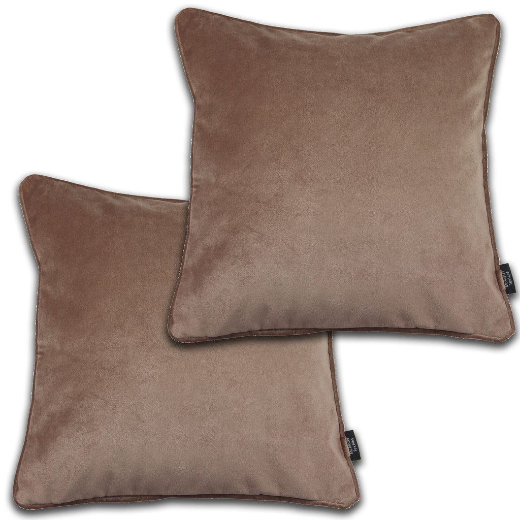 McAlister Textiles Matt Mocha Brown Velvet 43cm x 43cm Piped Cushion Sets Cushions and Covers Cushion Covers Set of 2 