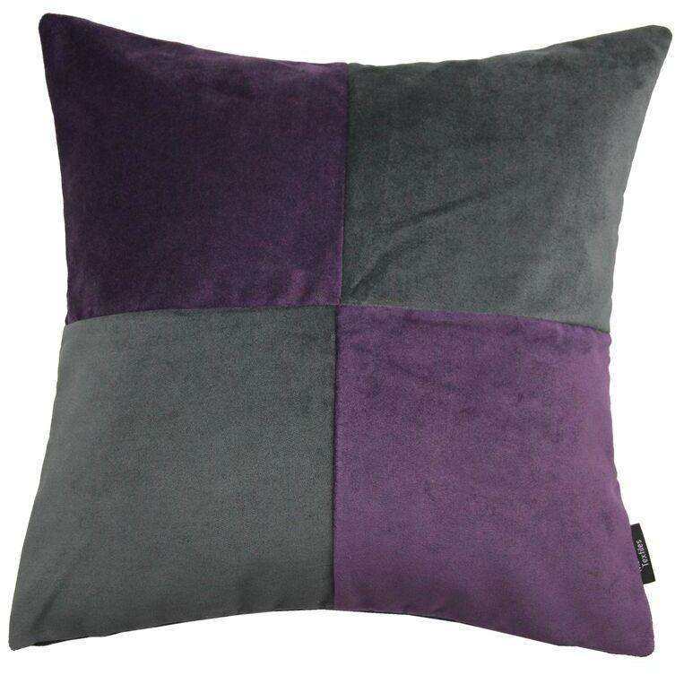 McAlister Textiles Square Patchwork Velvet Dark Purple + Grey Cushion Cushions and Covers Polyester Filler 43cm x 43cm 