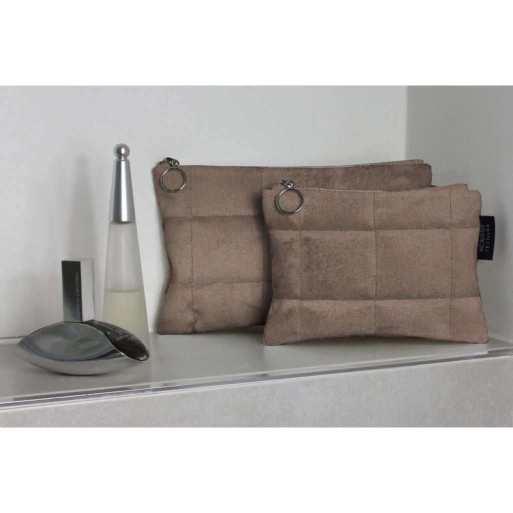 McAlister Textiles Square Pattern Mocha Velvet Makeup Bag Set Clutch Bag 