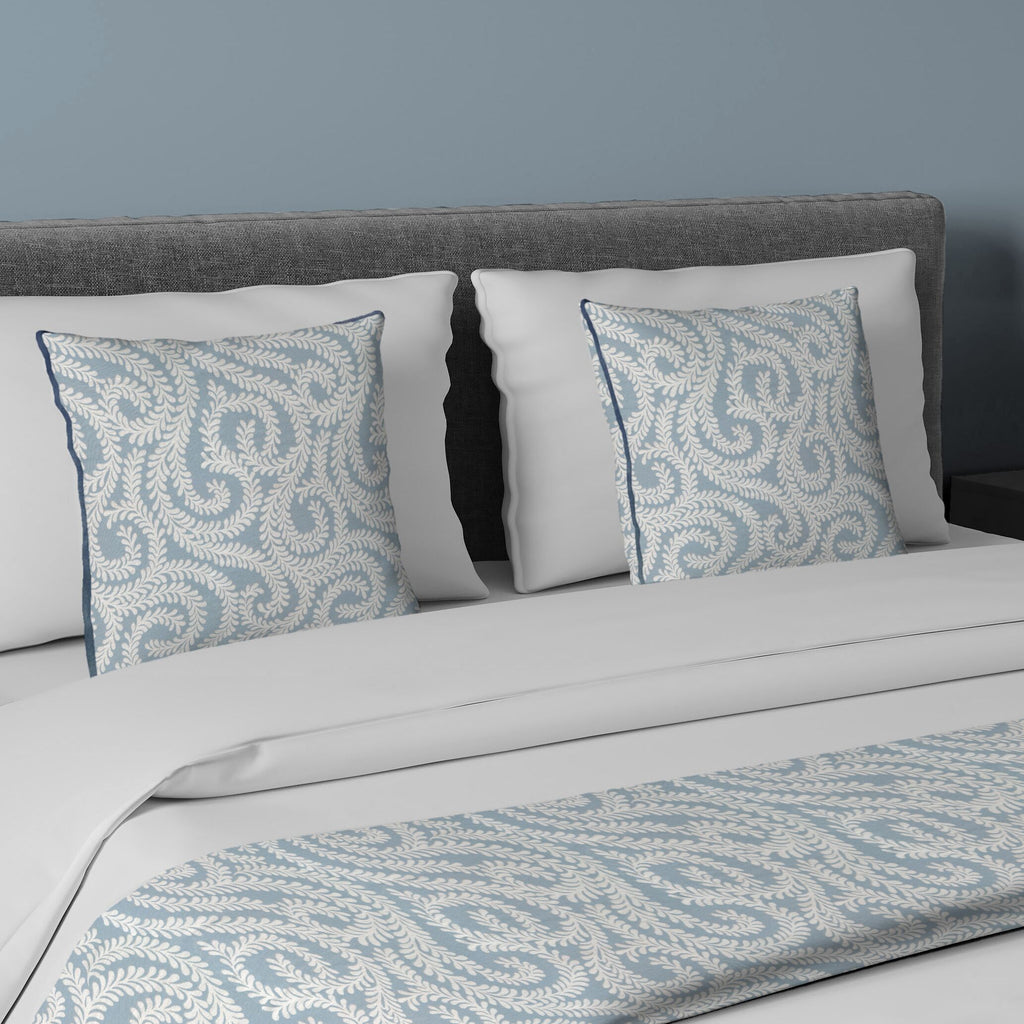 McAlister Textiles Little Leaf Wedgewood Blue Bedding Set Bedding Set Runner (50x240cm) + 2x Cushion Covers 