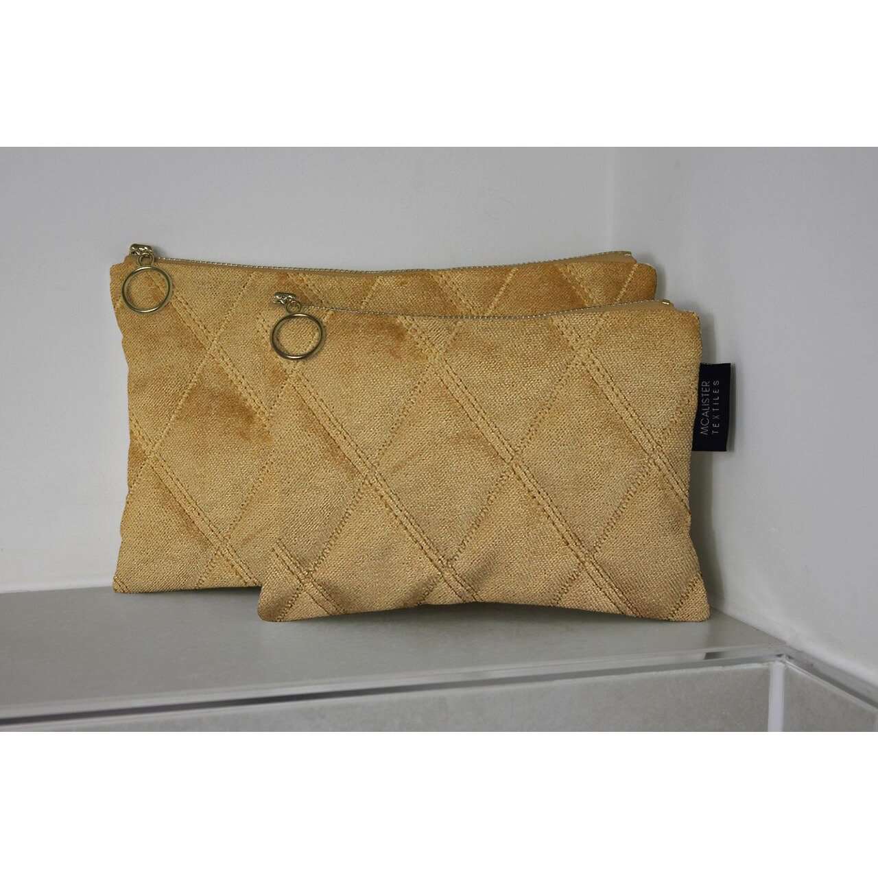 McAlister Textiles Diamond Pattern Yellow Velvet Makeup Bag Set Clutch Bag 