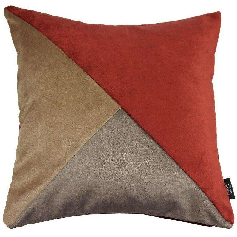 McAlister Textiles Diagonal Patchwork Velvet Brown, Gold + Red Cushion Cushions and Covers Cover Only 43cm x 43cm 