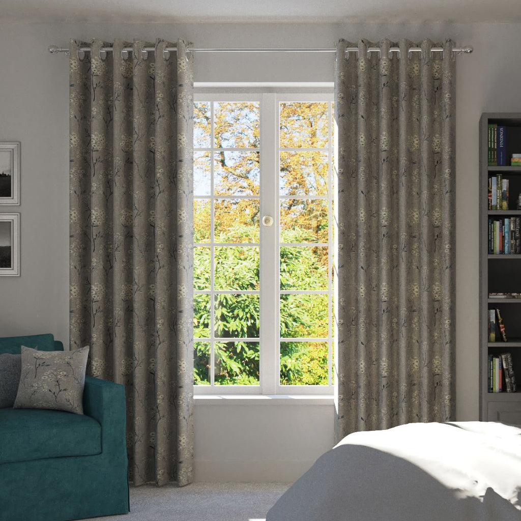 McAlister Textiles Meadow Soft Grey Floral Cotton Print Curtains Tailored Curtains 